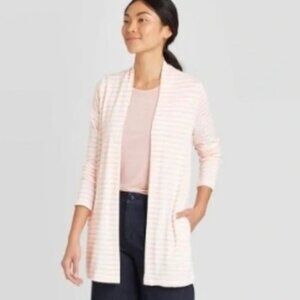 NWT A New Day White Pink Open Front Long Cardigan Pockets, Size XS